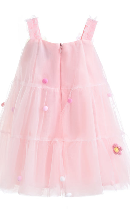 kids atelier mimi tutu Light Pink Suvanna Pom‑Pom Tulle Dress with Bow Clip
