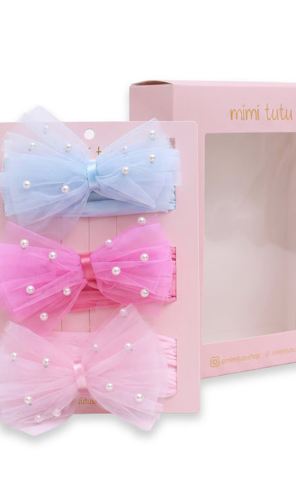 kids atelier mimi tutu Multicolor Elastic Tulle Pearl Bow Headband Set