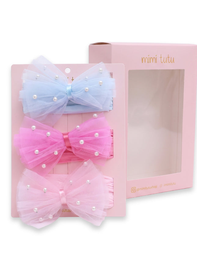 kids atelier mimi tutu Multicolor Elastic Tulle Pearl Bow Headband Set