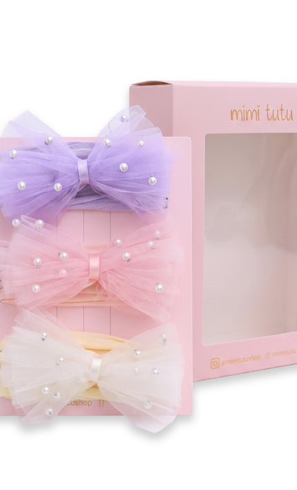 kids atelier mimi tutu Multicolor Elastic Tulle Pearl Bow Headband Set