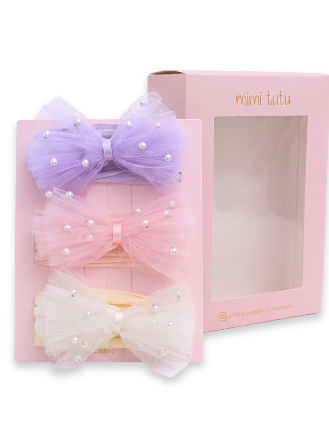 kids atelier mimi tutu Multicolor Elastic Tulle Pearl Bow Headband Set