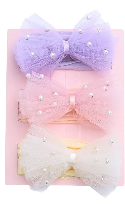 kids atelier mimi tutu Multicolor Elastic Tulle Pearl Bow Headband Set