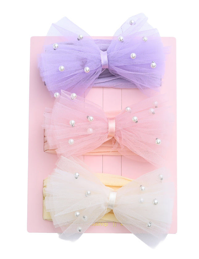 kids atelier mimi tutu Multicolor Elastic Tulle Pearl Bow Headband Set