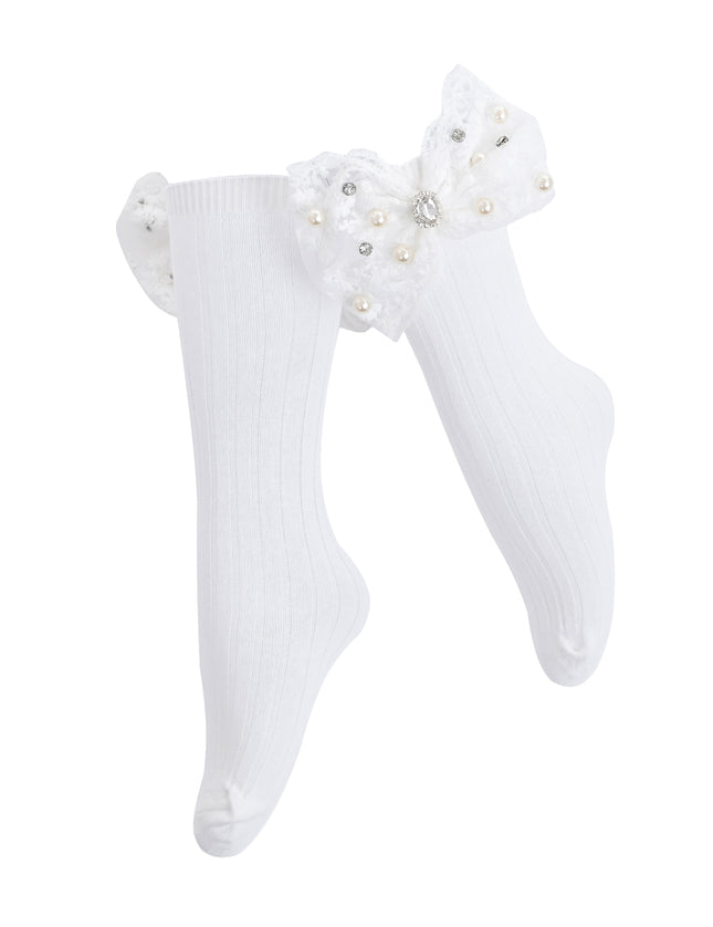 Pearl Ribbon Rhinestone Bow Socks