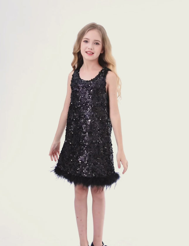 kids atelier tulleen Black Sequin Feather-Hem Dress
