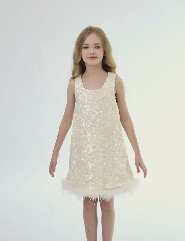 kids atelier tulleen Ivory Sequin Feather Dress