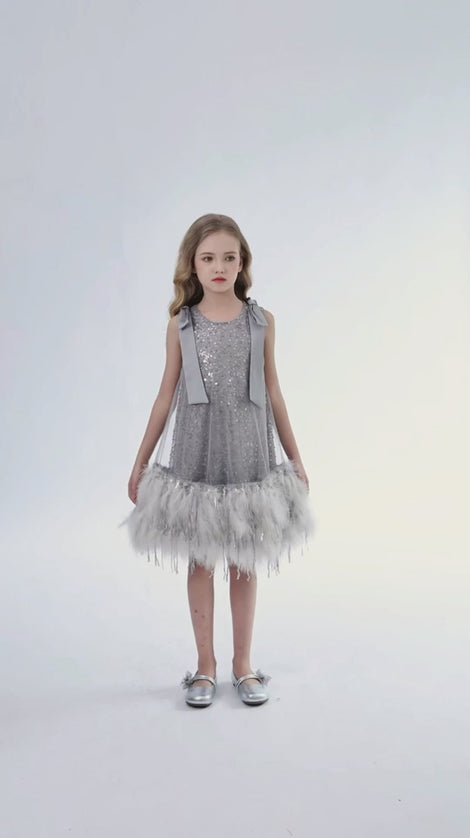 kids atelier tulleen Silver Sequin Feather Dress