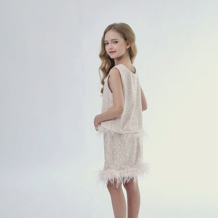 kids atelier tulleen Peach Sequin Feather-Trim Set