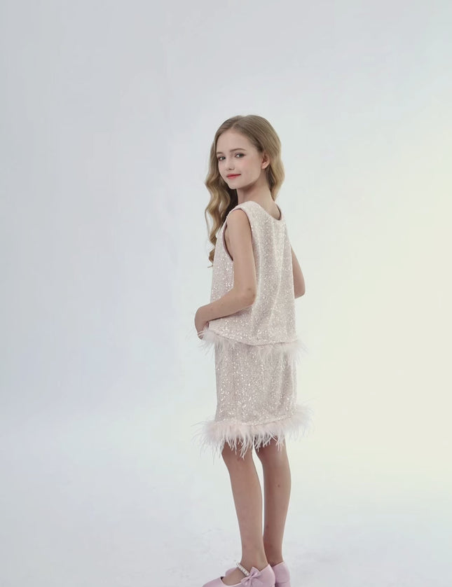kids atelier tulleen Peach Sequin Feather-Trim Set