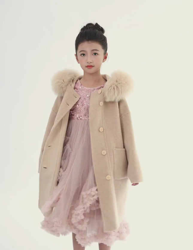 kids atelier tulleen Champagne Wool Coat with Faux Fur Hood