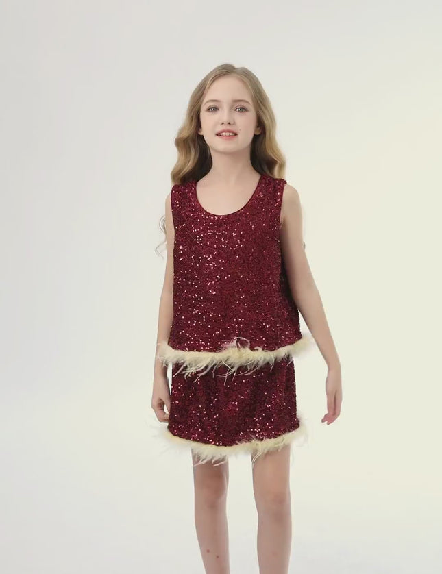 kids atelier tulleen Red Sequin Feather-Trim Set