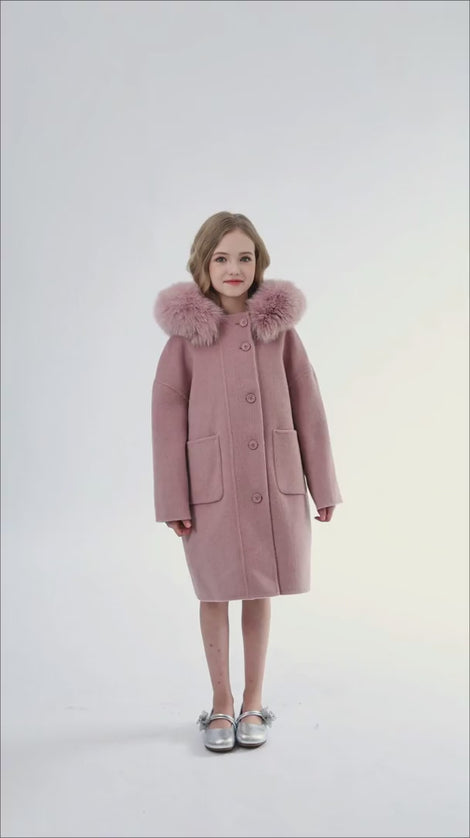 kids atelier tulleen Pink Wool Coat with Faux Fur Hood