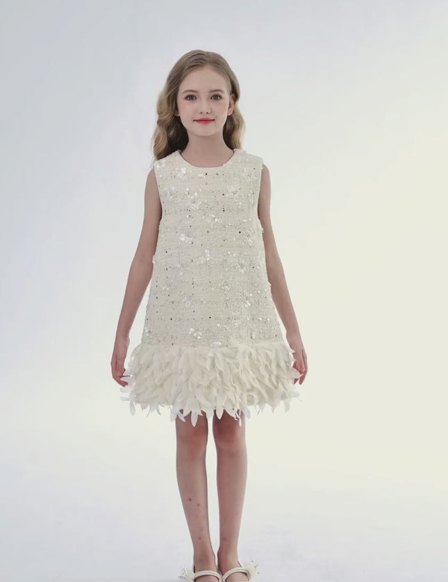 kids atelier tulleen Cream Sequin Feather-Hem Dress