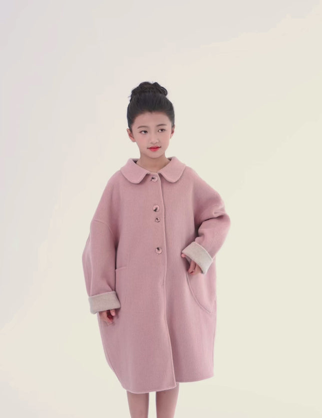 kids atelier tulleen Pink Wool Coat with Peter Pan Collar