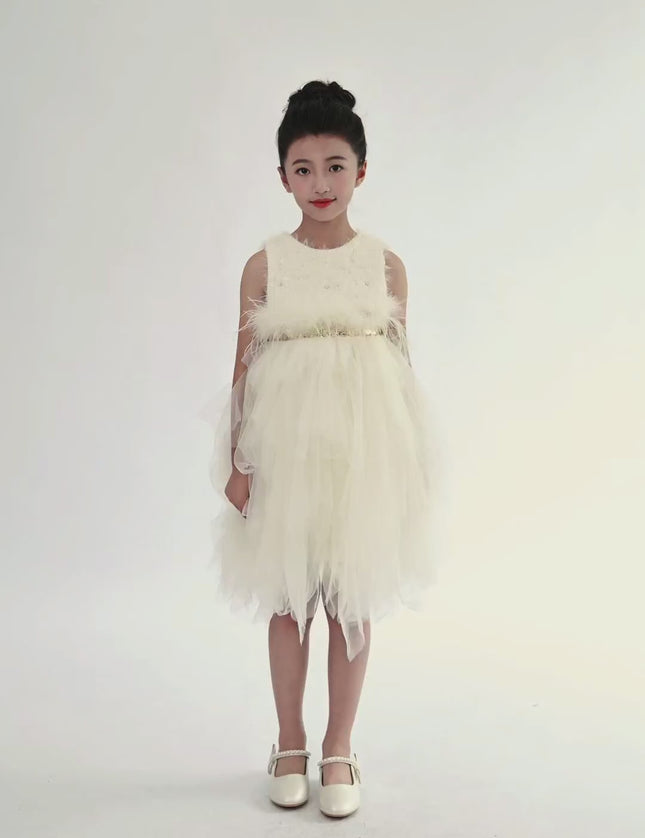 kids atelier tulleen White Feathered Tulle Party Dress