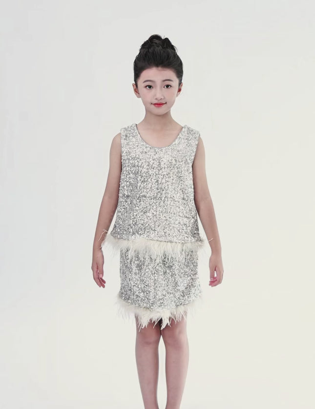kids atelier tulleen Silver Sequin Feather-Trim Set