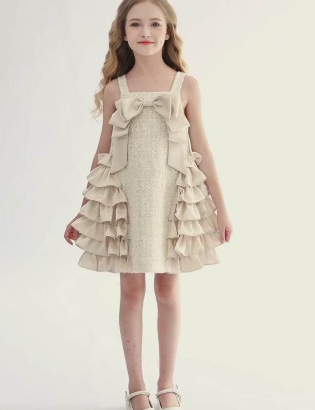 kids atelier tulleen Cream Ruffle Cascade Bow Dress