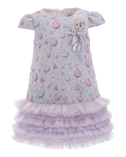 Blue Puff Sleeve Tulle Dress with Embroider