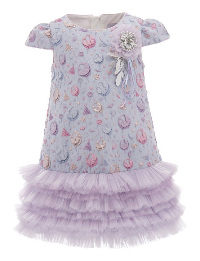 Blue Puff Sleeve Tulle Dress with Embroider