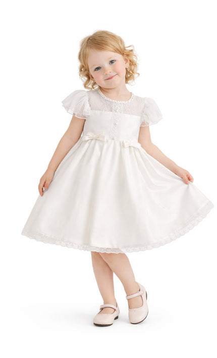 tulleen Ivory Riverelle Lace-Trim Puff Sleeve Dress
