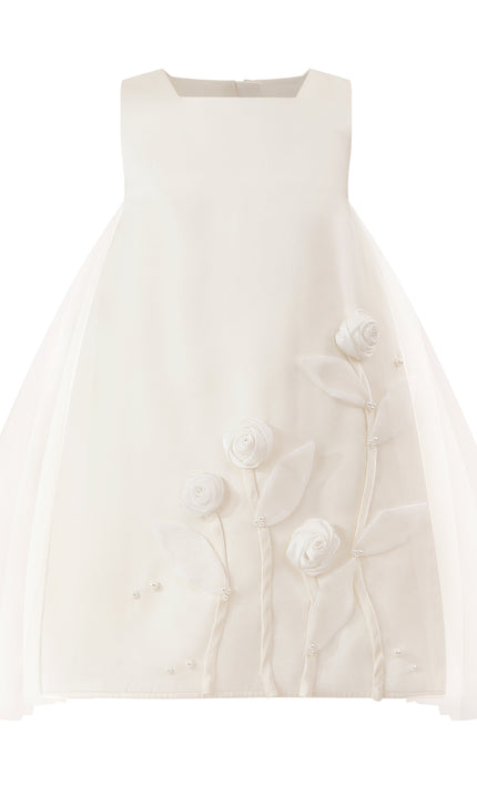 kids atelier tulleen White Valmonta Satin Dress with Floral Accents