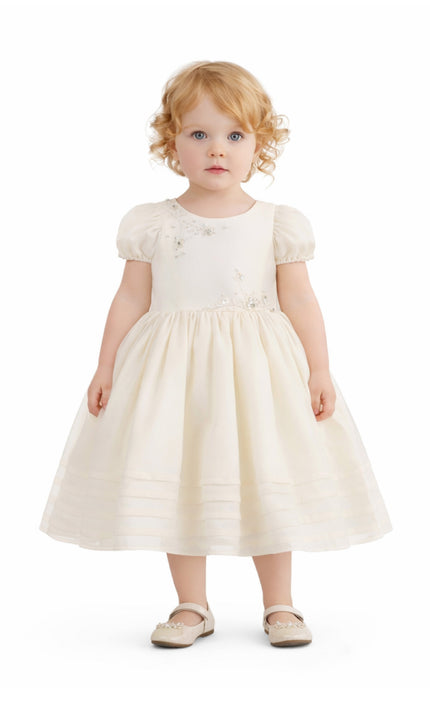 kids atelier tulleen Ivory Vistaine Floral-Embroidered Pleated Dress