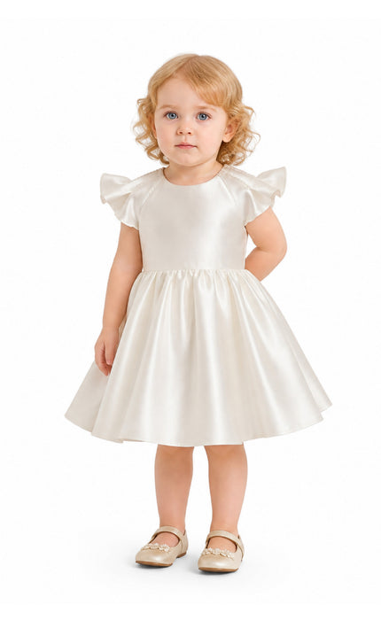 tulleen White Maravelle Satin Flutter-Sleeve Dress