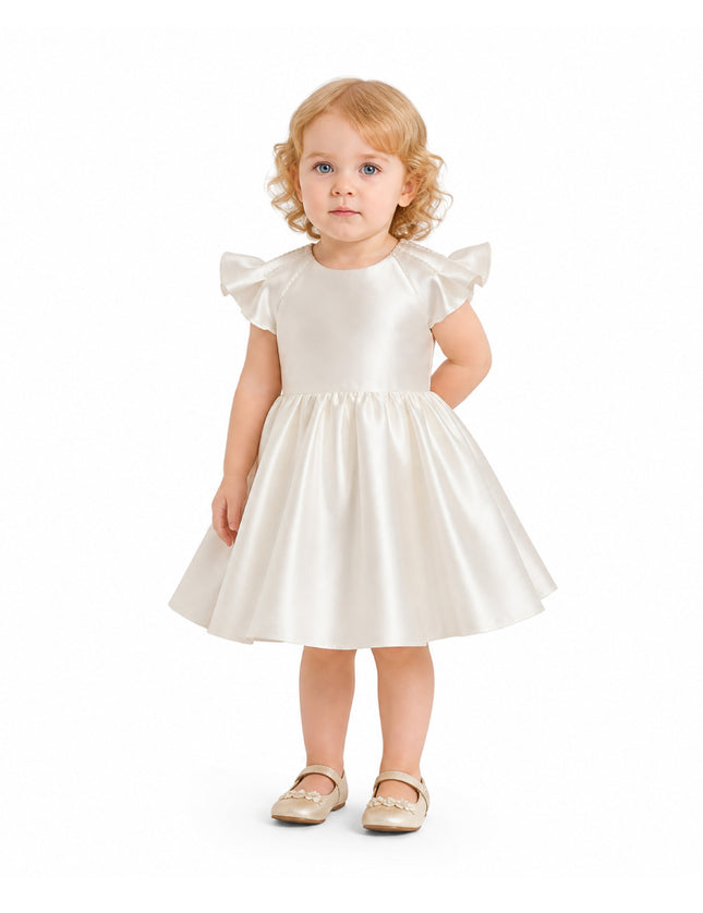 tulleen White Maravelle Satin Flutter-Sleeve Dress