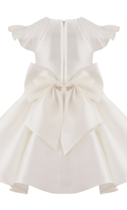 tulleen White Maravelle Satin Flutter-Sleeve Dress