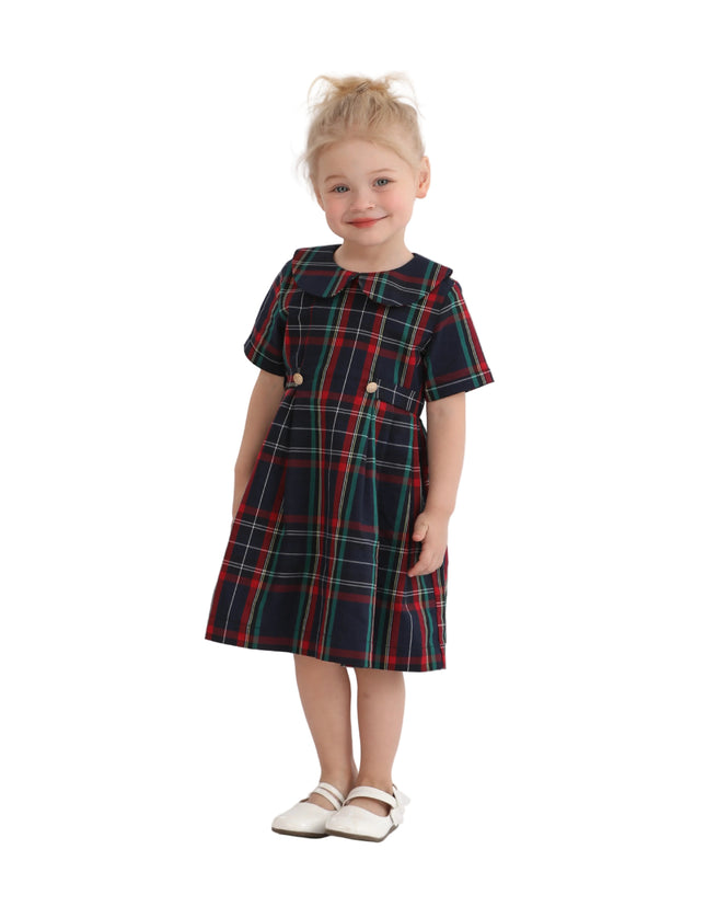 kids atelier tulleen Navy & Red Plaid Button-Waist Dress