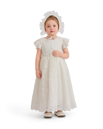 kids atelier tulleen White Velloria Lace Christening Dress with Bonnet