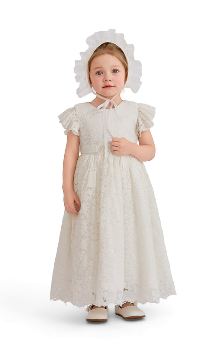 kids atelier tulleen White Velloria Lace Christening Dress with Bonnet