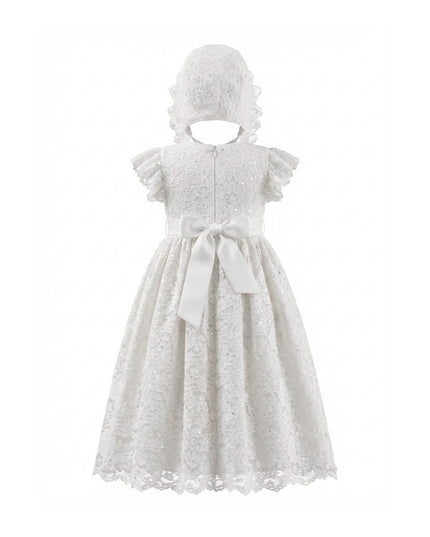 kids atelier tulleen White Velloria Lace Christening Dress with Bonnet