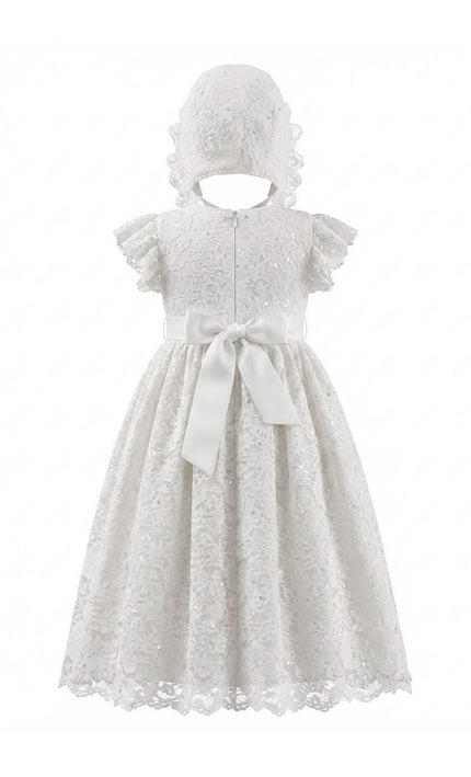 kids atelier tulleen White Velloria Lace Christening Dress with Bonnet