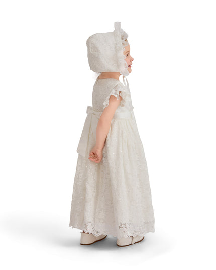 kids atelier tulleen White Velloria Lace Christening Dress with Bonnet