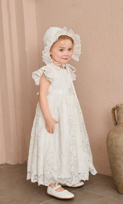 kids atelier tulleen White Velloria Lace Christening Dress with Bonnet