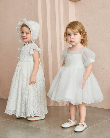 kids atelier tulleen White Velloria Lace Christening Dress with Bonnet
