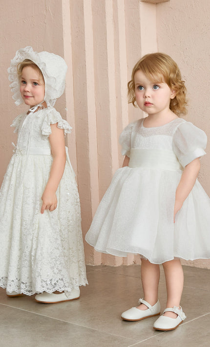 kids atelier tulleen White Velloria Lace Christening Dress with Bonnet
