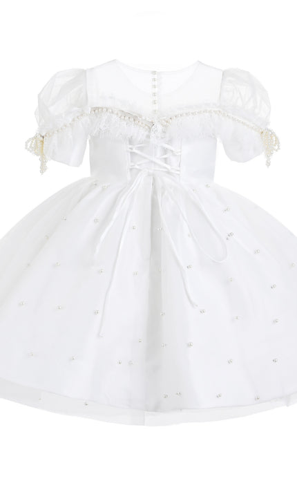 kids atelier tulleen White Valencia Pearl Trim Dress