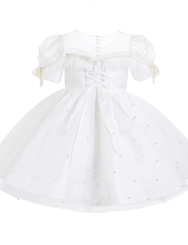 kids atelier tulleen White Valencia Pearl Trim Dress