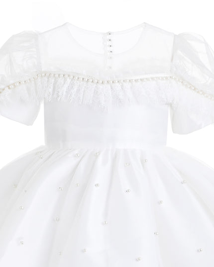 kids atelier tulleen White Valencia Pearl Trim Dress