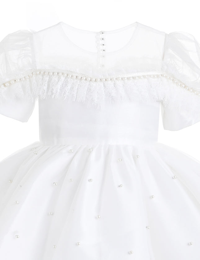 kids atelier tulleen White Valencia Pearl Trim Dress
