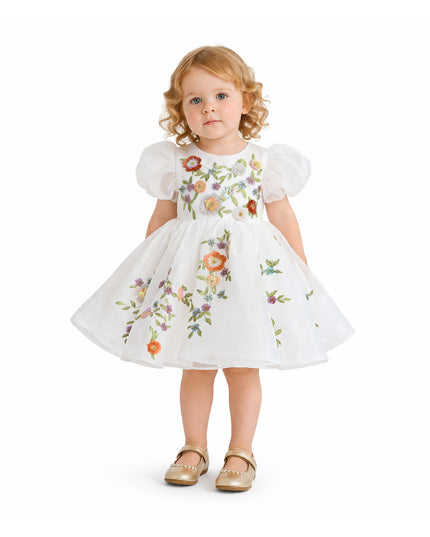 KA-tulleen BG White Embroidered Puff Sleeve Dress