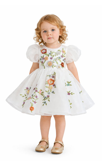 KA-tulleen BG White Embroidered Puff Sleeve Dress