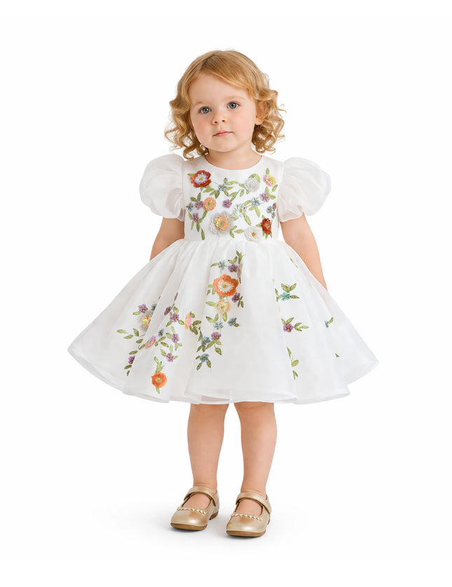 KA-tulleen BG White Embroidered Puff Sleeve Dress