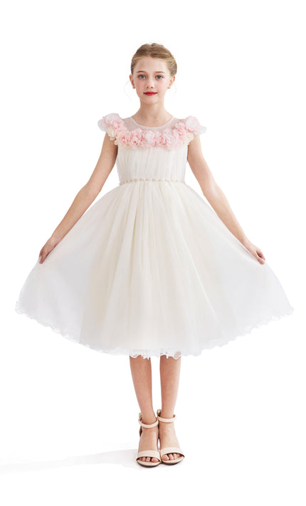 kids atelier tulleen White Silvera Dress with Pink Petal Trim