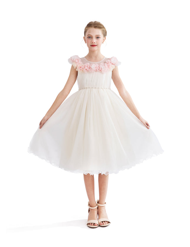 kids atelier tulleen White Silvera Dress with Pink Petal Trim