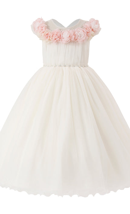 kids atelier tulleen White Silvera Dress with Pink Petal Trim