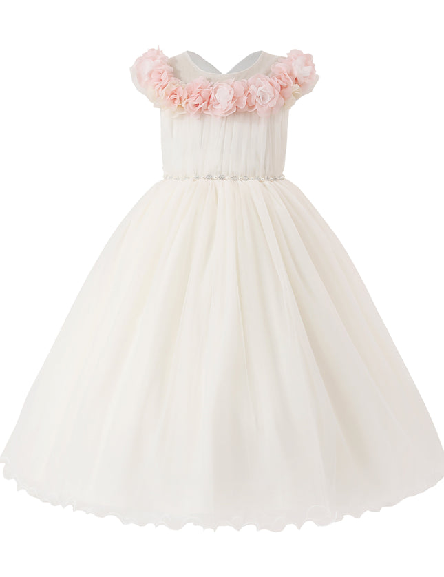 kids atelier tulleen White Silvera Dress with Pink Petal Trim