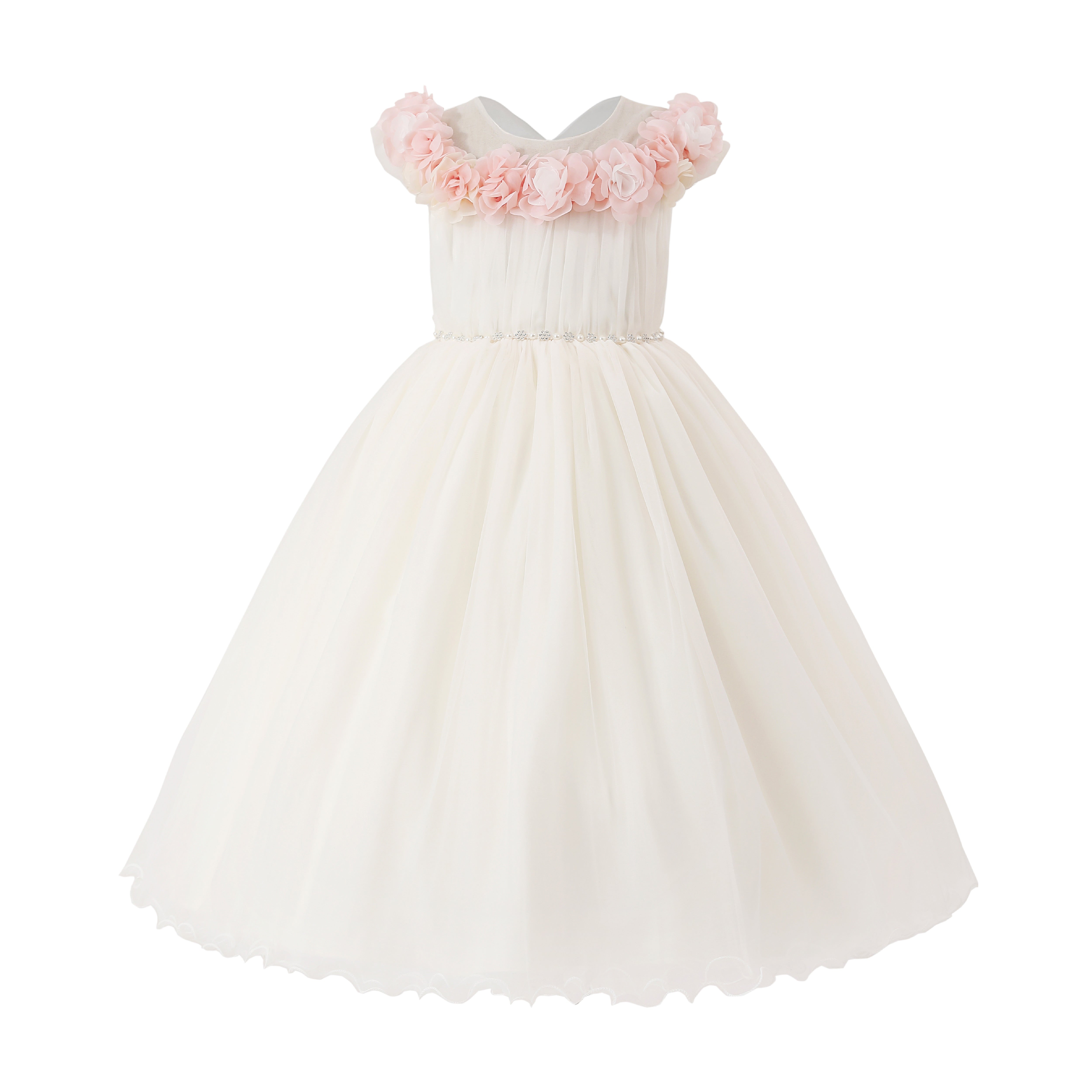 White Silvera Dress with Pink Petal Trim 6Y / White